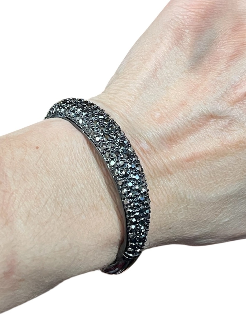 Gunmetal Pave Rhinestone Hinged Bangle Bracelet Magnetic Closure
